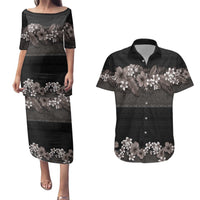Hawaiian Tropical Flowers and Tribal Polynesian Tattoo Couples Matching Puletasi and Hawaiian Shirt Grayscale Mode LT03 Black - Polynesian Pride