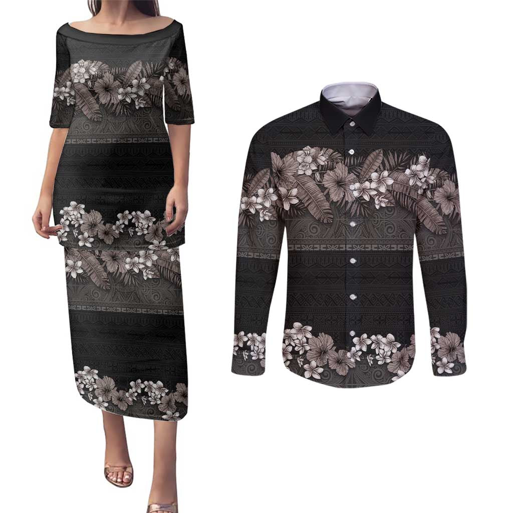 Hawaiian Tropical Flowers and Tribal Polynesian Tattoo Couples Matching Puletasi and Long Sleeve Button Shirt Grayscale Mode LT03 Black - Polynesian Pride