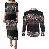 Hawaiian Tropical Flowers and Tribal Polynesian Tattoo Couples Matching Puletasi and Long Sleeve Button Shirt Grayscale Mode LT03 Black - Polynesian Pride