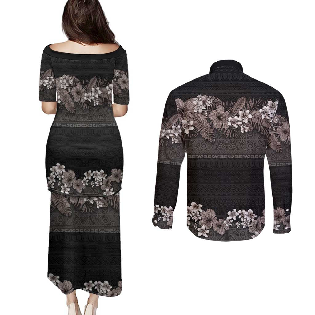 Hawaiian Tropical Flowers and Tribal Polynesian Tattoo Couples Matching Puletasi and Long Sleeve Button Shirt Grayscale Mode LT03 - Polynesian Pride