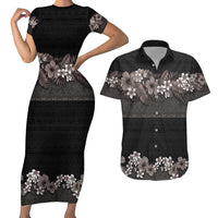 Hawaiian Tropical Flowers and Tribal Polynesian Tattoo Couples Matching Short Sleeve Bodycon Dress and Hawaiian Shirt Grayscale Mode LT03 Black - Polynesian Pride