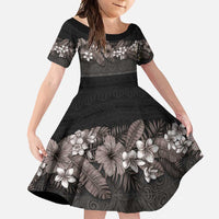 Hawaiian Tropical Flowers and Tribal Polynesian Tattoo Family Matching Mermaid Dress and Hawaiian Shirt Grayscale Mode LT03 Daughter's Dress Black - Polynesian Pride
