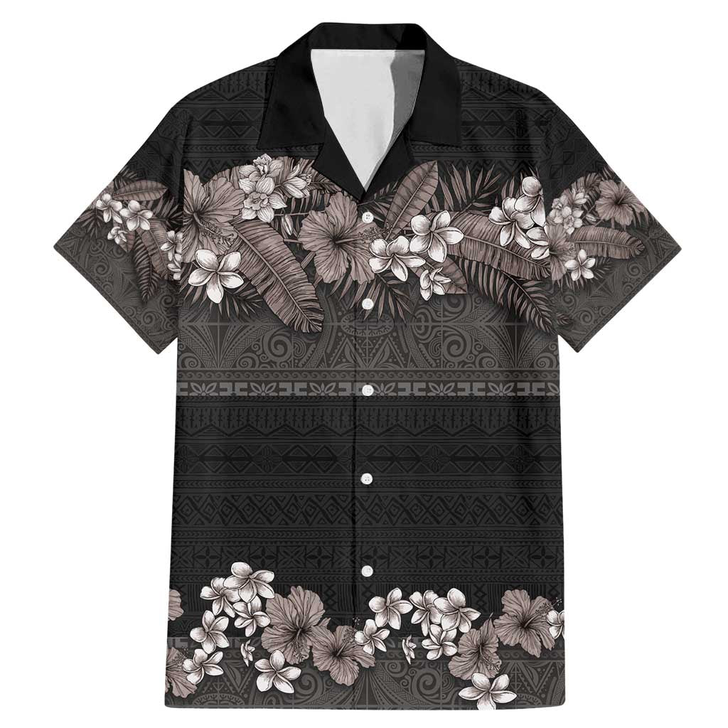 Hawaiian Tropical Flowers and Tribal Polynesian Tattoo Family Matching Mermaid Dress and Hawaiian Shirt Grayscale Mode LT03 Dad's Shirt - Short Sleeve Black - Polynesian Pride