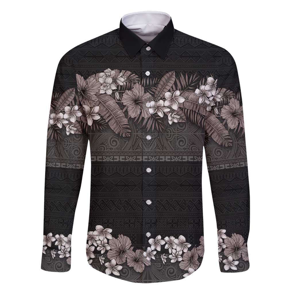 Hawaiian Tropical Flowers and Tribal Polynesian Tattoo Family Matching Mermaid Dress and Hawaiian Shirt Grayscale Mode LT03 Dad's Shirt - Long Sleeve Black - Polynesian Pride