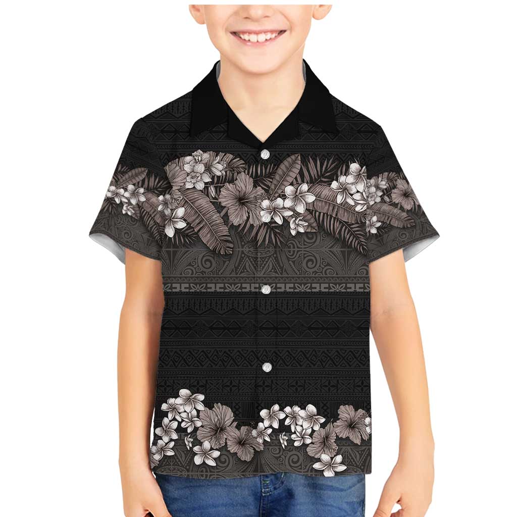 Hawaiian Tropical Flowers and Tribal Polynesian Tattoo Family Matching Mermaid Dress and Hawaiian Shirt Grayscale Mode LT03 Son's Shirt Black - Polynesian Pride