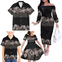 Hawaiian Tropical Flowers and Tribal Polynesian Tattoo Family Matching Off The Shoulder Long Sleeve Dress and Hawaiian Shirt Grayscale Mode LT03 - Polynesian Pride