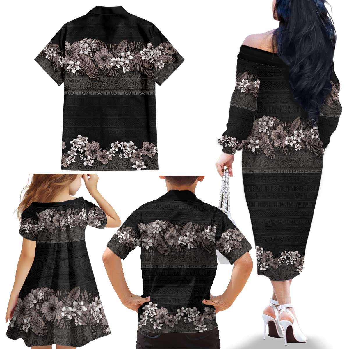 Hawaiian Tropical Flowers and Tribal Polynesian Tattoo Family Matching Off The Shoulder Long Sleeve Dress and Hawaiian Shirt Grayscale Mode LT03 - Polynesian Pride