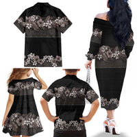 Hawaiian Tropical Flowers and Tribal Polynesian Tattoo Family Matching Off The Shoulder Long Sleeve Dress and Hawaiian Shirt Grayscale Mode LT03 - Polynesian Pride