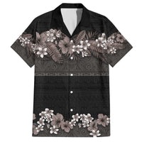Hawaiian Tropical Flowers and Tribal Polynesian Tattoo Family Matching Off The Shoulder Long Sleeve Dress and Hawaiian Shirt Grayscale Mode LT03 Dad's Shirt - Short Sleeve Black - Polynesian Pride