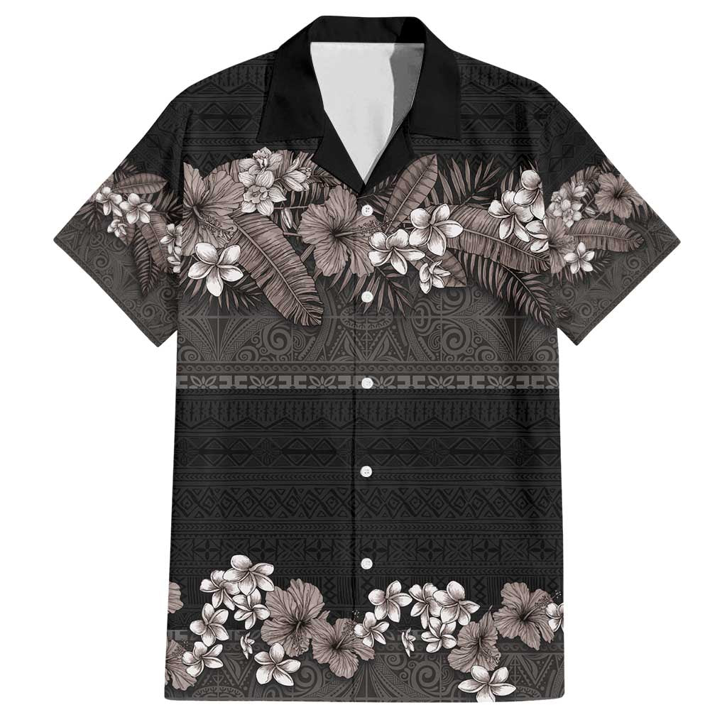 Hawaiian Tropical Flowers and Tribal Polynesian Tattoo Family Matching Off Shoulder Maxi Dress and Hawaiian Shirt Grayscale Mode LT03 Dad's Shirt - Short Sleeve Black - Polynesian Pride