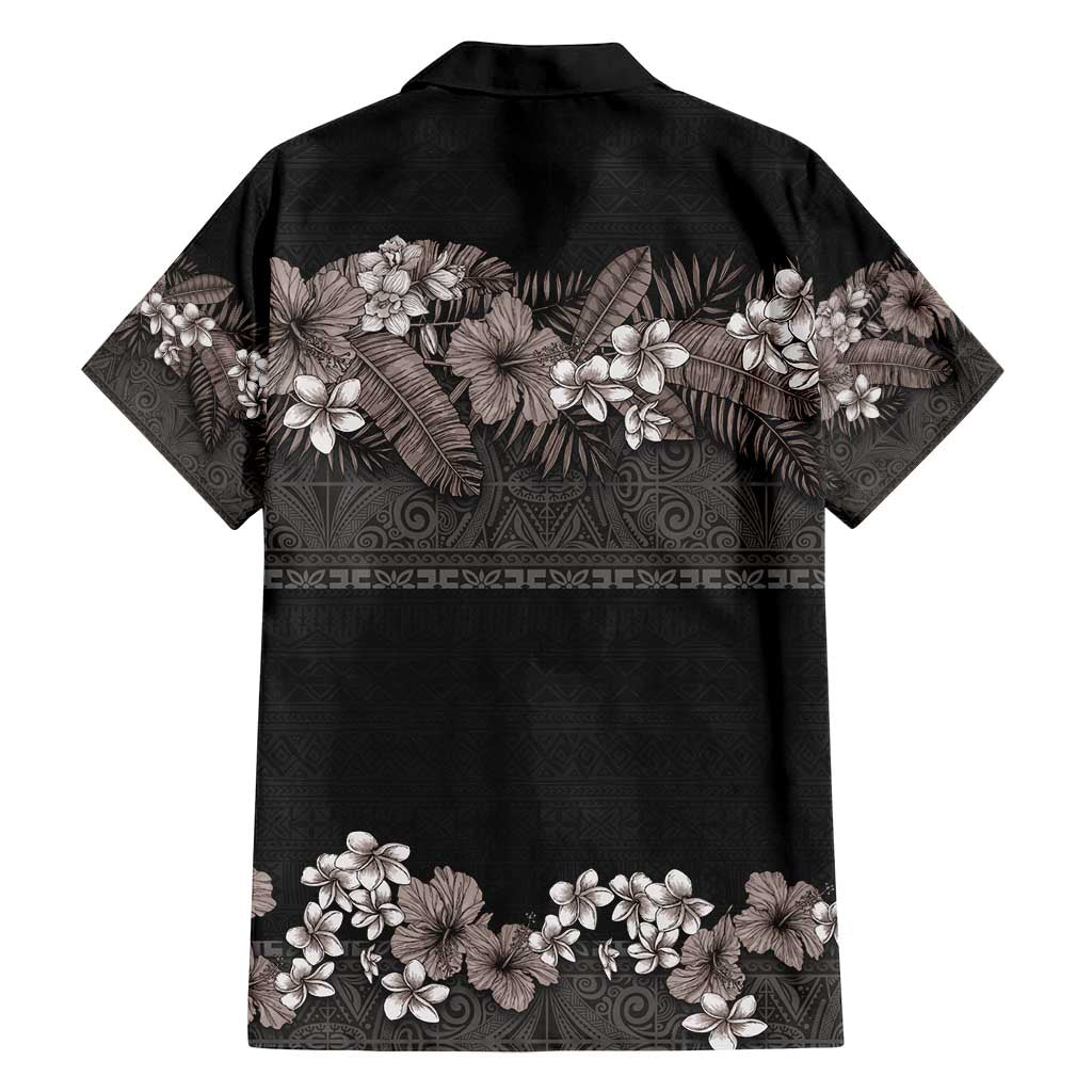 Hawaiian Tropical Flowers and Tribal Polynesian Tattoo Family Matching Off Shoulder Maxi Dress and Hawaiian Shirt Grayscale Mode LT03 - Polynesian Pride