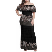 Hawaiian Tropical Flowers and Tribal Polynesian Tattoo Family Matching Off Shoulder Maxi Dress and Hawaiian Shirt Grayscale Mode LT03 Mom's Dress Black - Polynesian Pride