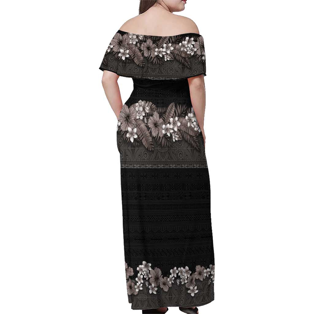 Hawaiian Tropical Flowers and Tribal Polynesian Tattoo Family Matching Off Shoulder Maxi Dress and Hawaiian Shirt Grayscale Mode LT03 - Polynesian Pride