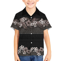 Hawaiian Tropical Flowers and Tribal Polynesian Tattoo Family Matching Off Shoulder Maxi Dress and Hawaiian Shirt Grayscale Mode LT03 Son's Shirt Black - Polynesian Pride