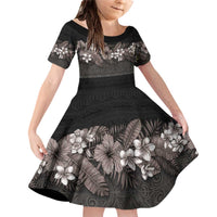 Hawaiian Tropical Flowers and Tribal Polynesian Tattoo Family Matching Off Shoulder Short Dress and Hawaiian Shirt Grayscale Mode