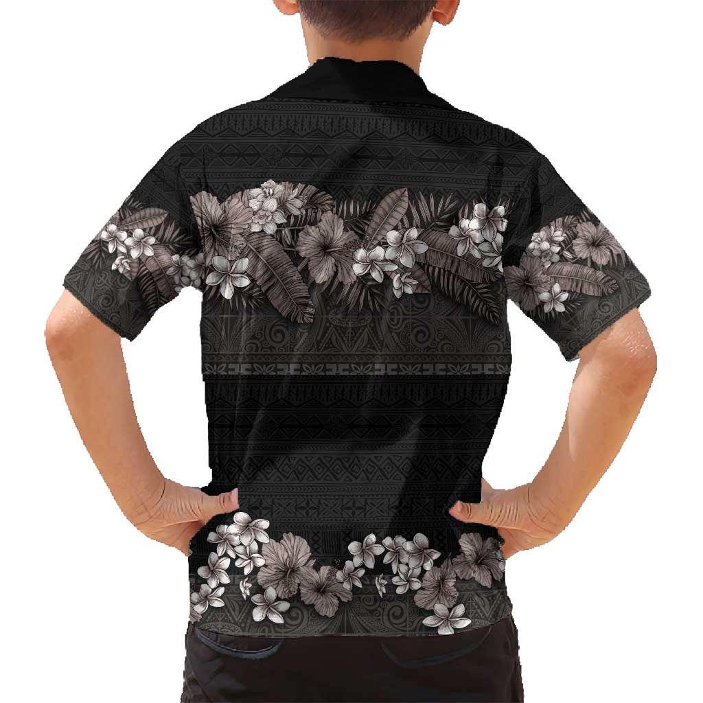 Hawaiian Tropical Flowers and Tribal Polynesian Tattoo Family Matching Puletasi and Hawaiian Shirt Grayscale Mode LT03 - Polynesian Pride