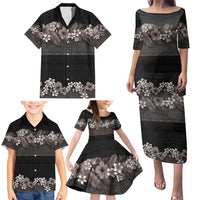 Hawaiian Tropical Flowers and Tribal Polynesian Tattoo Family Matching Puletasi and Hawaiian Shirt Grayscale Mode LT03 - Polynesian Pride