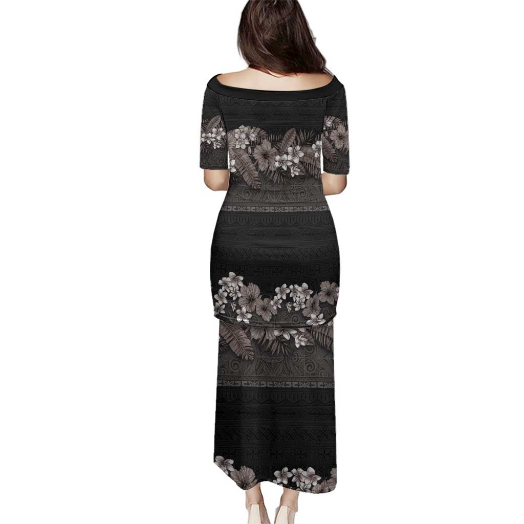 Hawaiian Tropical Flowers and Tribal Polynesian Tattoo Family Matching Puletasi and Hawaiian Shirt Grayscale Mode LT03 - Polynesian Pride