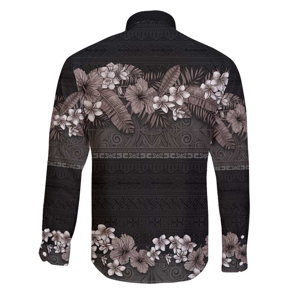 Hawaiian Tropical Flowers and Tribal Polynesian Tattoo Family Matching Summer Maxi Dress and Hawaiian Shirt Grayscale Mode