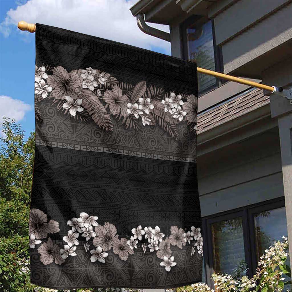 Hawaiian Tropical Flowers and Tribal Polynesian Tattoo Garden Flag Grayscale Mode LT03 - Polynesian Pride