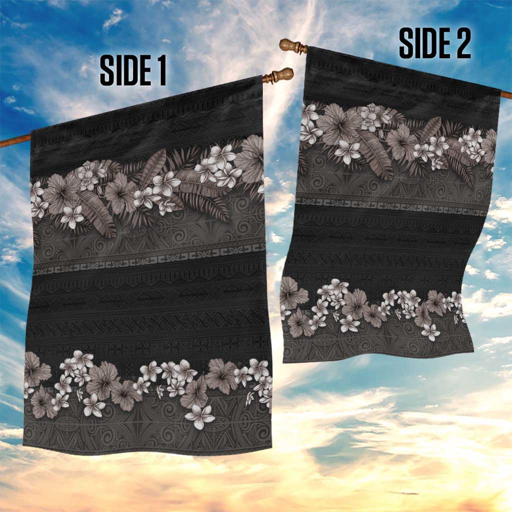 Hawaiian Tropical Flowers and Tribal Polynesian Tattoo Garden Flag Grayscale Mode LT03 - Polynesian Pride