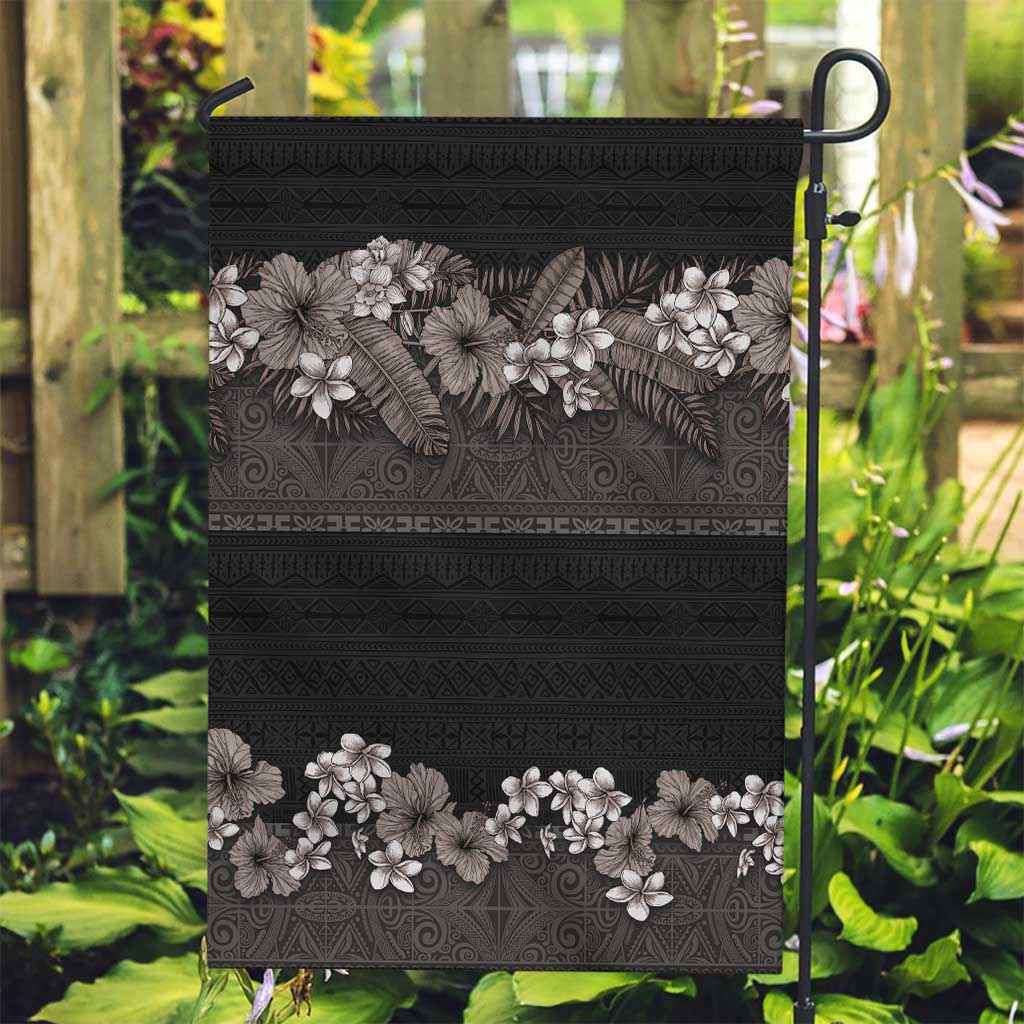 Hawaiian Tropical Flowers and Tribal Polynesian Tattoo Garden Flag Grayscale Mode LT03 Garden Flag Black - Polynesian Pride