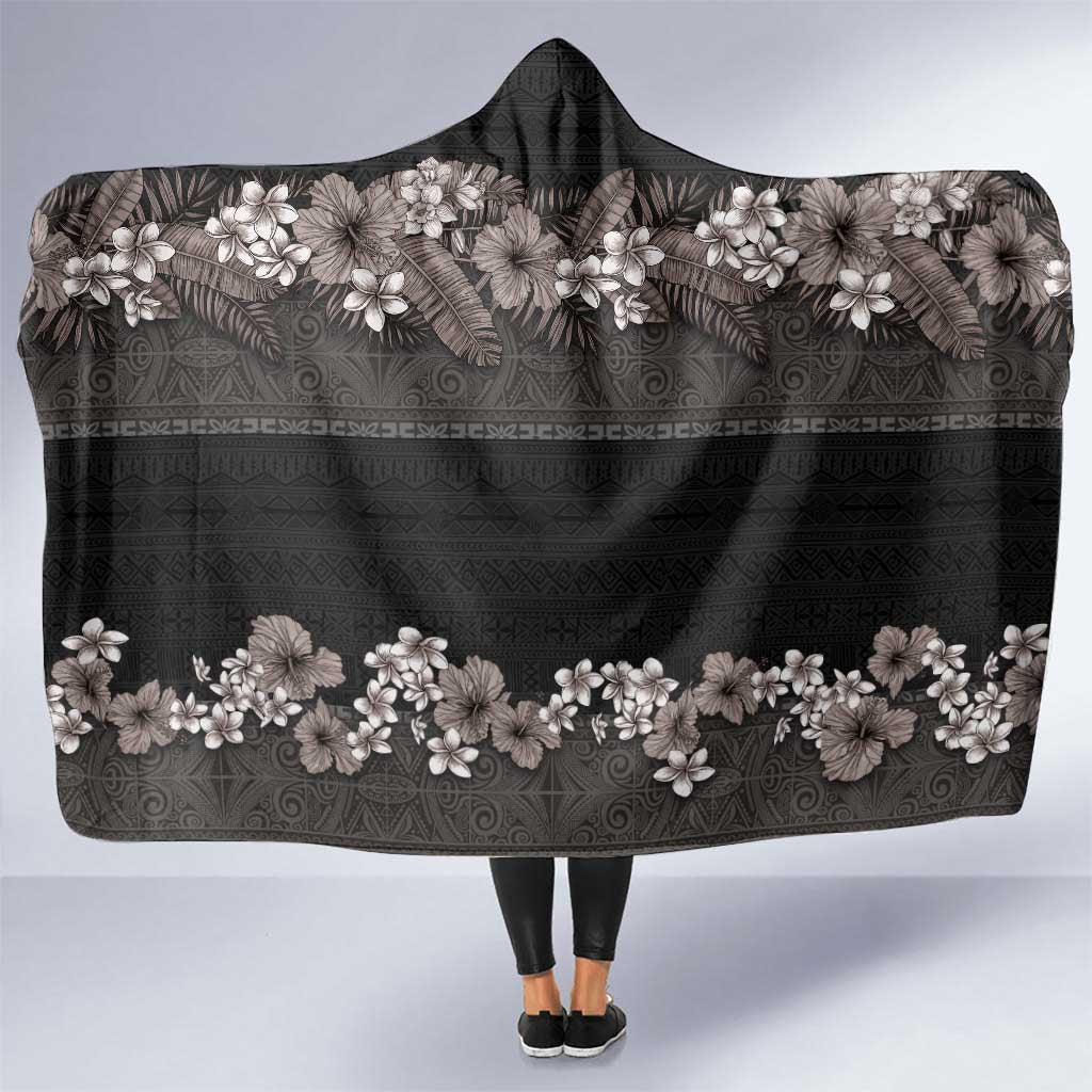 Hawaiian Tropical Flowers and Tribal Polynesian Tattoo Hooded Blanket Grayscale Mode LT03 One Size Black - Polynesian Pride