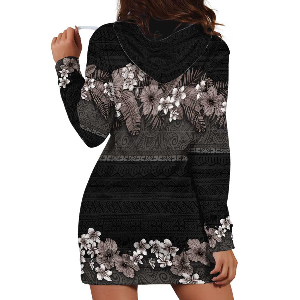 Hawaiian Tropical Flowers and Tribal Polynesian Tattoo Hoodie Dress Grayscale Mode LT03 - Polynesian Pride