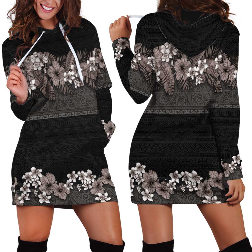 Hawaiian Tropical Flowers and Tribal Polynesian Tattoo Hoodie Dress Grayscale Mode LT03 - Polynesian Pride