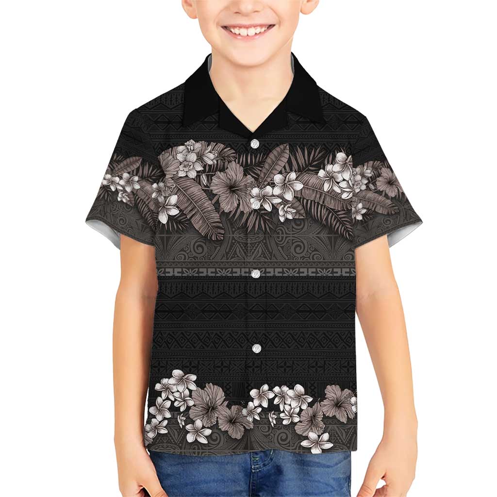 Hawaiian Tropical Flowers and Tribal Polynesian Tattoo Kid Hawaiian Shirt Grayscale Mode LT03 Kid Black - Polynesian Pride