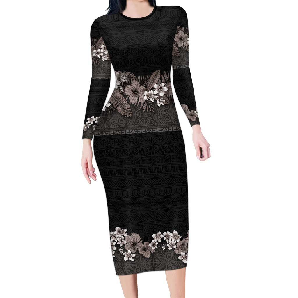 Hawaiian Tropical Flowers and Tribal Polynesian Tattoo Long Sleeve Bodycon Dress Grayscale Mode LT03 Long Dress Black - Polynesian Pride