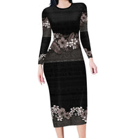 Hawaiian Tropical Flowers and Tribal Polynesian Tattoo Long Sleeve Bodycon Dress Grayscale Mode LT03 Long Dress Black - Polynesian Pride