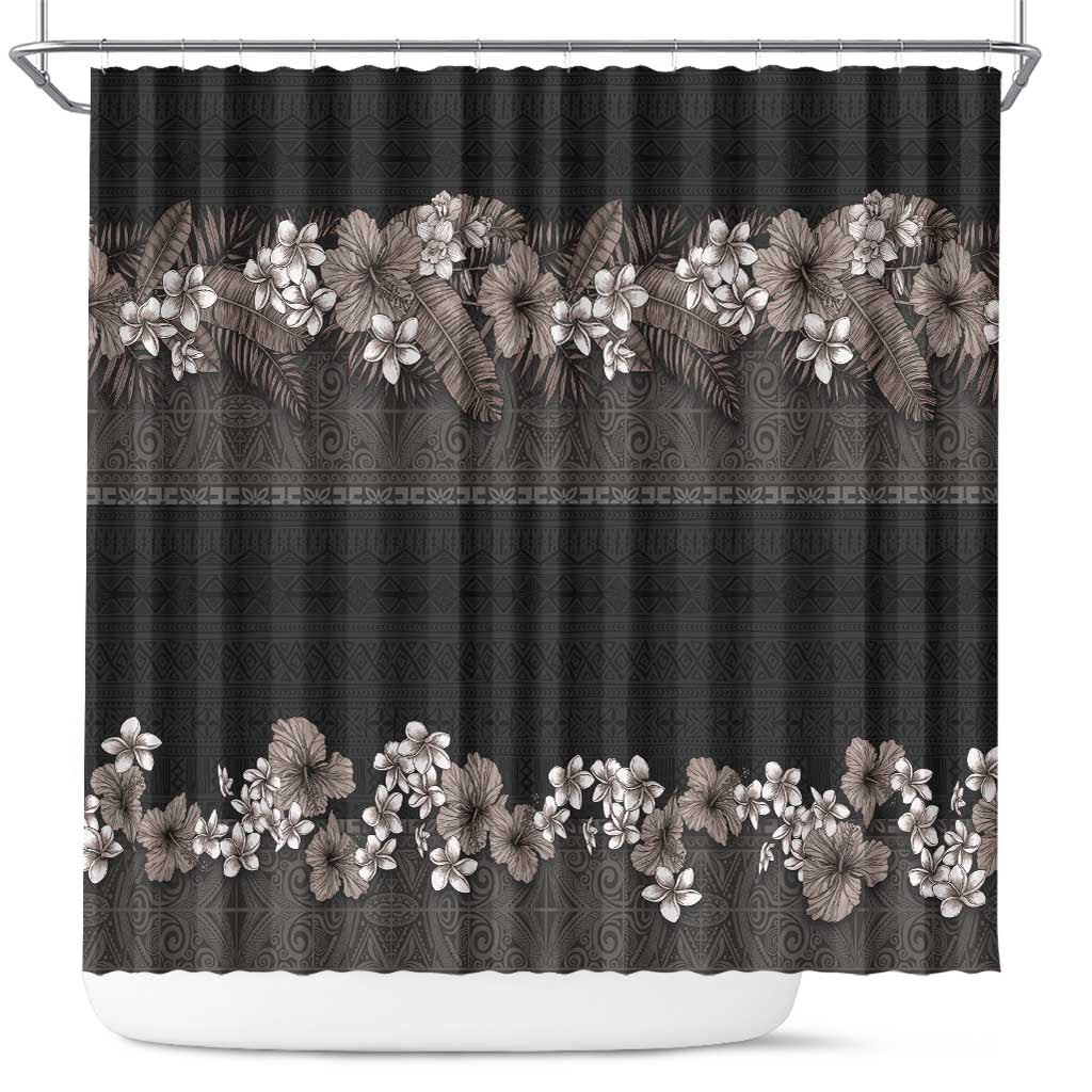 Hawaiian Tropical Flowers and Tribal Polynesian Tattoo Shower Curtain Grayscale Mode LT03 Black - Polynesian Pride