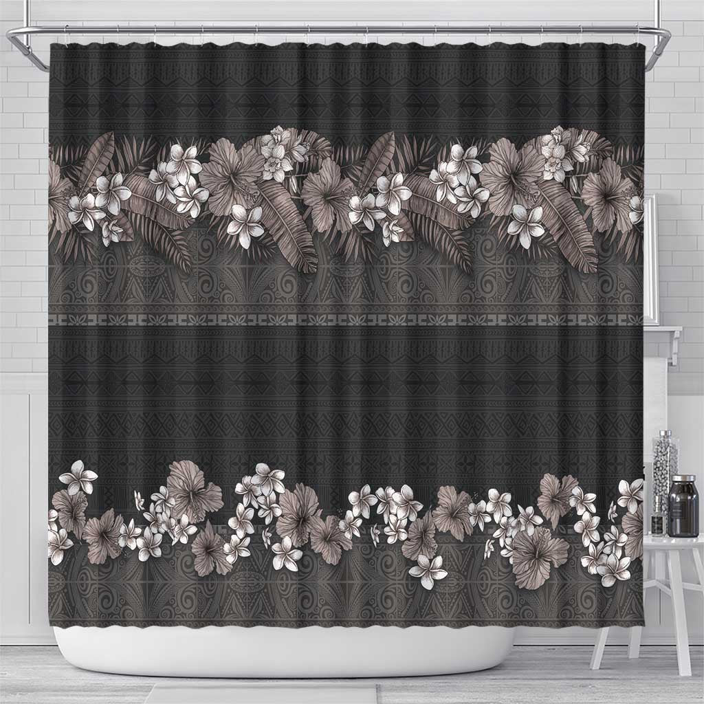 Hawaiian Tropical Flowers and Tribal Polynesian Tattoo Shower Curtain Grayscale Mode LT03 - Polynesian Pride