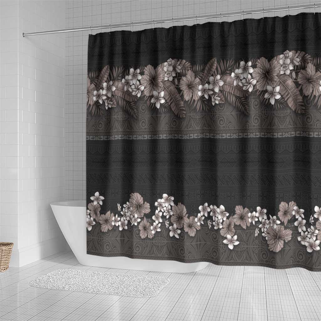Hawaiian Tropical Flowers and Tribal Polynesian Tattoo Shower Curtain Grayscale Mode LT03 - Polynesian Pride