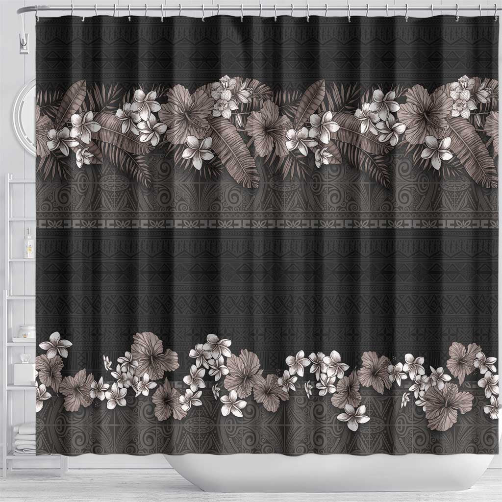 Hawaiian Tropical Flowers and Tribal Polynesian Tattoo Shower Curtain Grayscale Mode LT03 - Polynesian Pride