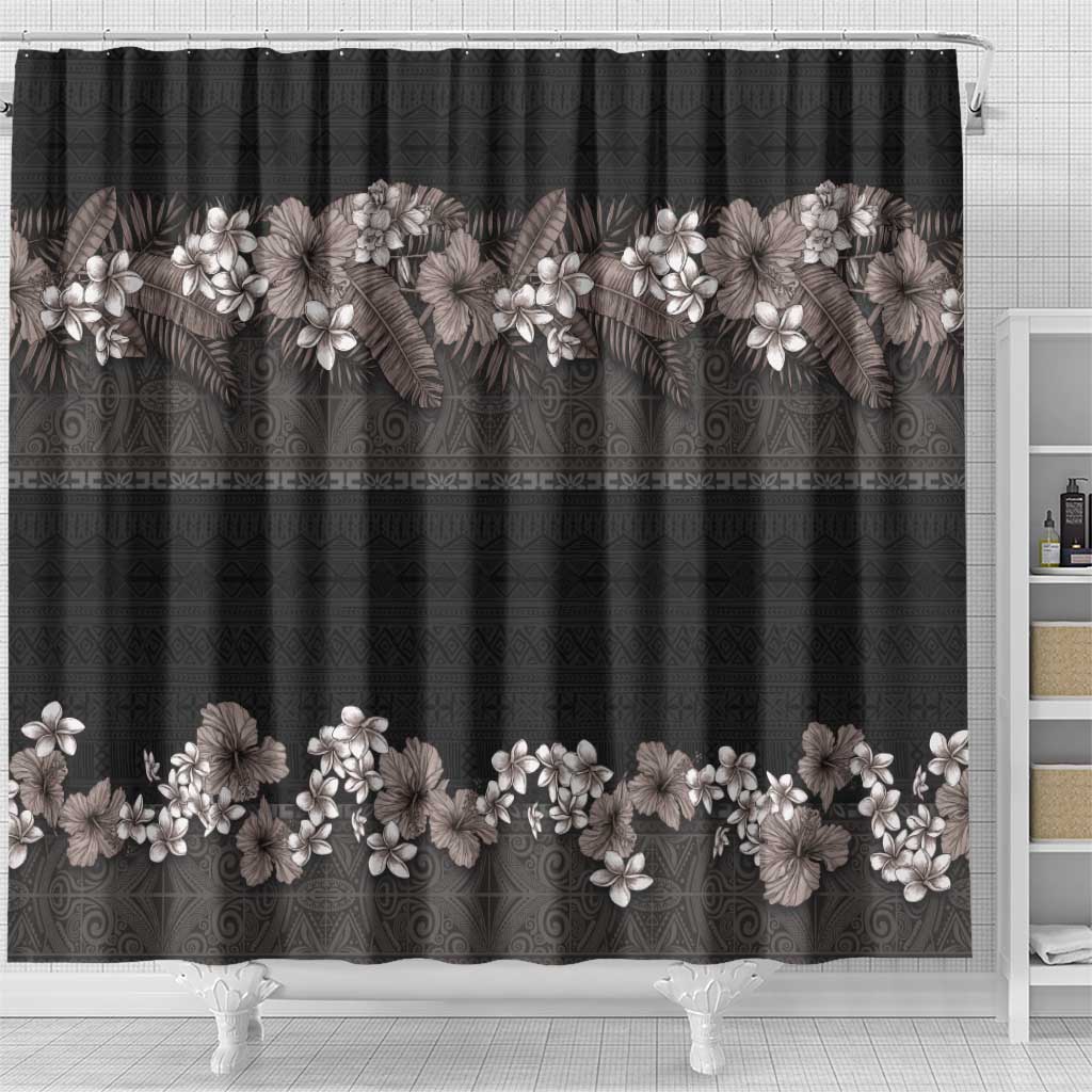 Hawaiian Tropical Flowers and Tribal Polynesian Tattoo Shower Curtain Grayscale Mode LT03 - Polynesian Pride
