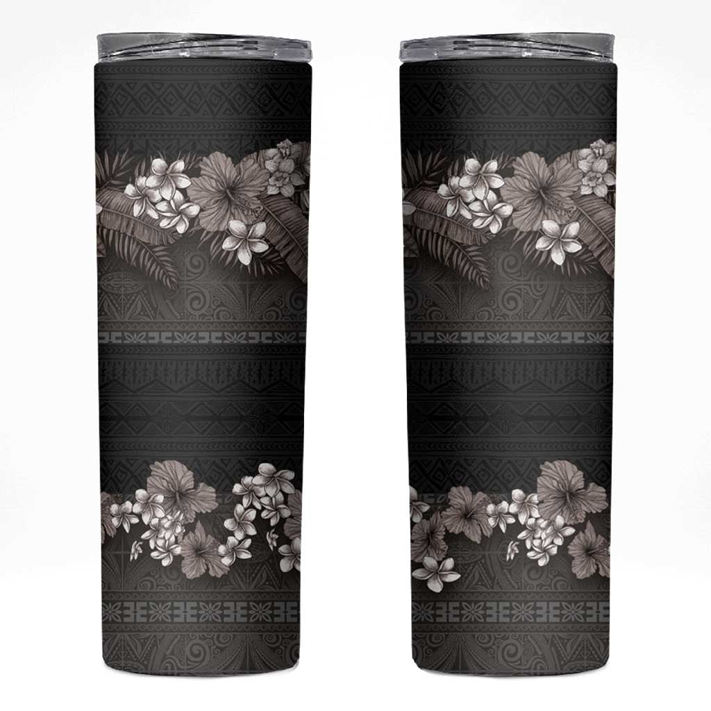 Hawaiian Tropical Flowers and Tribal Polynesian Tattoo Skinny Tumbler Grayscale Mode LT03 Black - Polynesian Pride