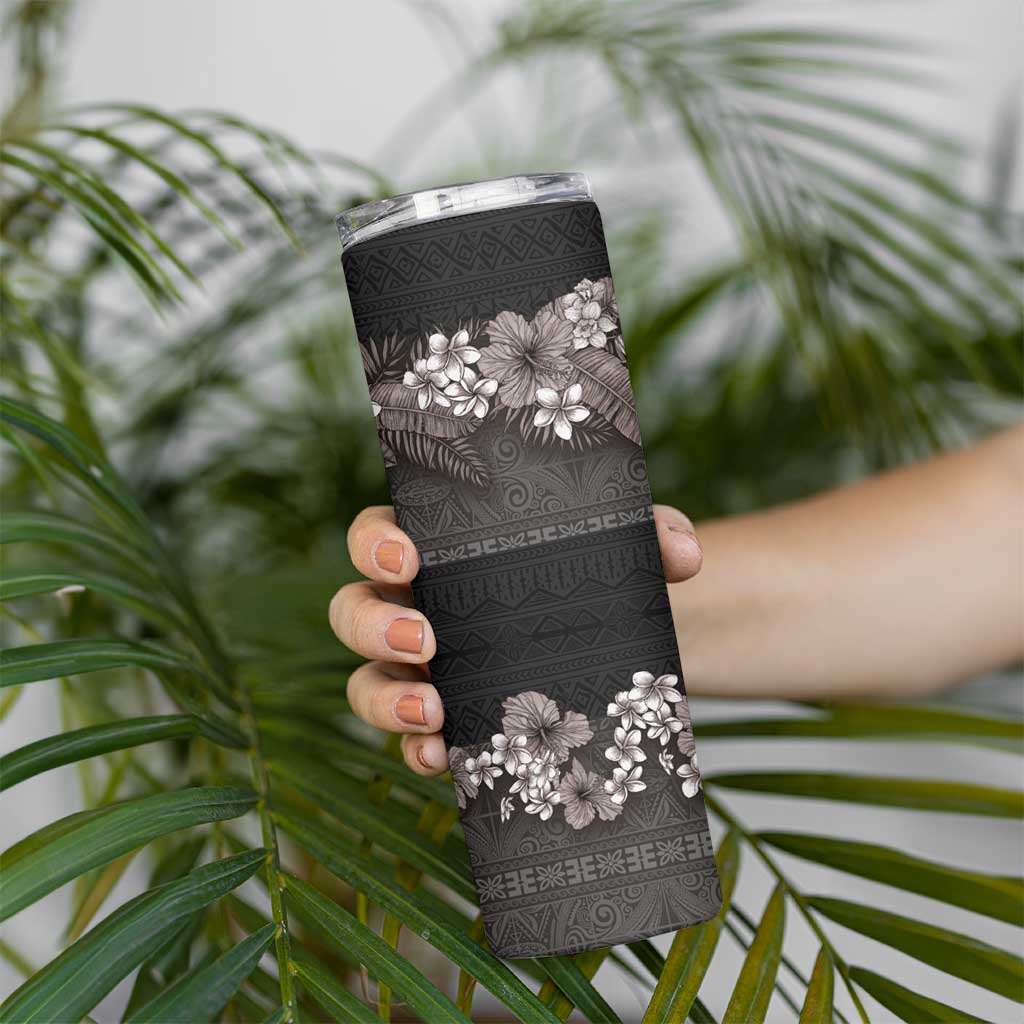 Hawaiian Tropical Flowers and Tribal Polynesian Tattoo Skinny Tumbler Grayscale Mode LT03 - Polynesian Pride