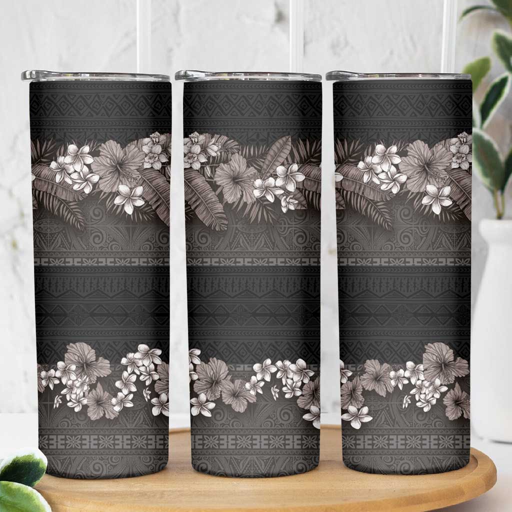 Hawaiian Tropical Flowers and Tribal Polynesian Tattoo Skinny Tumbler Grayscale Mode LT03 - Polynesian Pride