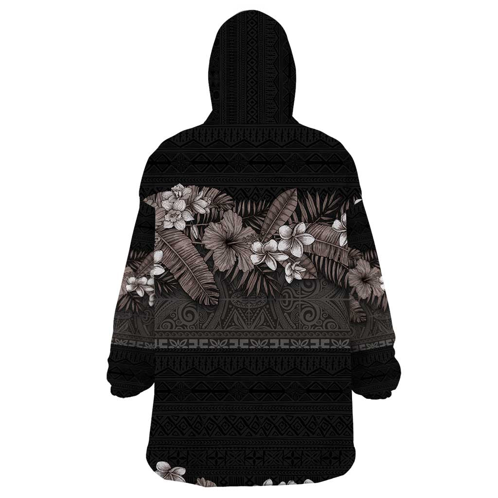 Hawaiian Tropical Flowers and Tribal Polynesian Tattoo Wearable Blanket Hoodie Grayscale Mode LT03 - Polynesian Pride