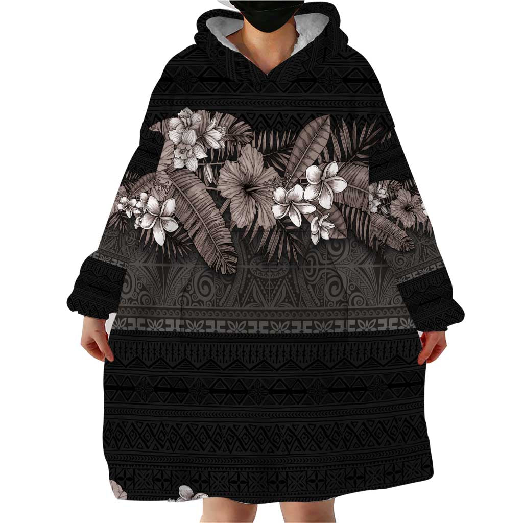Hawaiian Tropical Flowers and Tribal Polynesian Tattoo Wearable Blanket Hoodie Grayscale Mode LT03 - Polynesian Pride