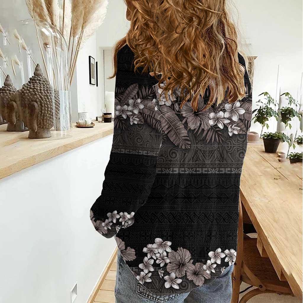 Hawaiian Tropical Flowers and Tribal Polynesian Tattoo Women Casual Shirt Grayscale Mode LT03 - Polynesian Pride