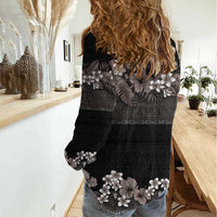 Hawaiian Tropical Flowers and Tribal Polynesian Tattoo Women Casual Shirt Grayscale Mode LT03 - Polynesian Pride