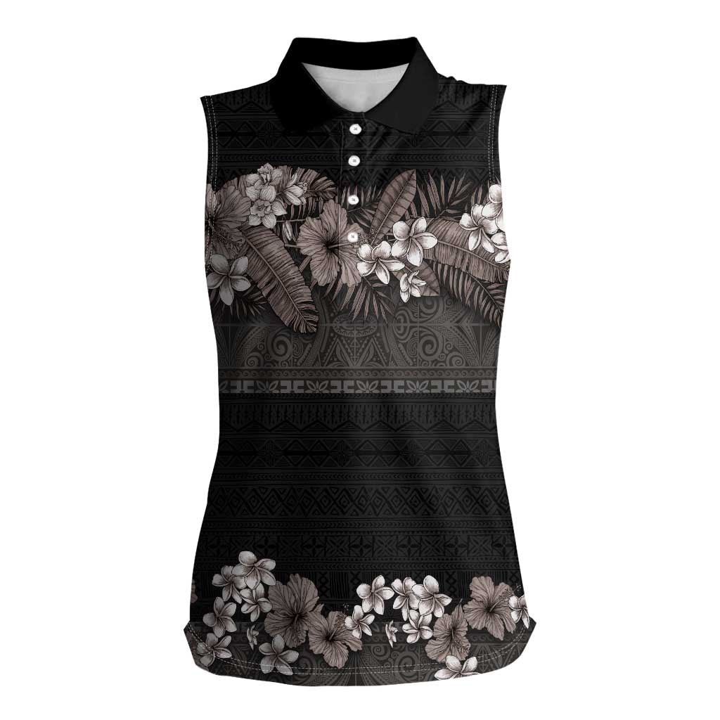 Hawaiian Tropical Flowers and Tribal Polynesian Tattoo Women Sleeveless Polo Shirt Grayscale Mode LT03 Female Black - Polynesian Pride