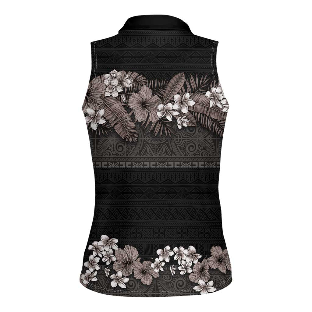 Hawaiian Tropical Flowers and Tribal Polynesian Tattoo Women Sleeveless Polo Shirt Grayscale Mode LT03 - Polynesian Pride