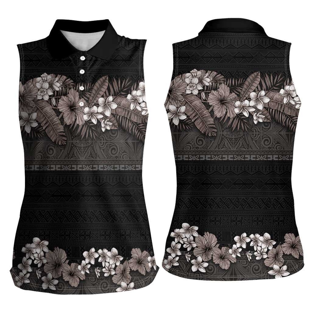 Hawaiian Tropical Flowers and Tribal Polynesian Tattoo Women Sleeveless Polo Shirt Grayscale Mode LT03 - Polynesian Pride
