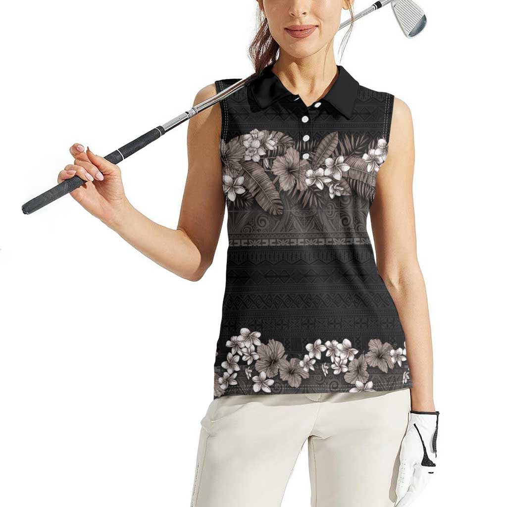 Hawaiian Tropical Flowers and Tribal Polynesian Tattoo Women Sleeveless Polo Shirt Grayscale Mode LT03 - Polynesian Pride