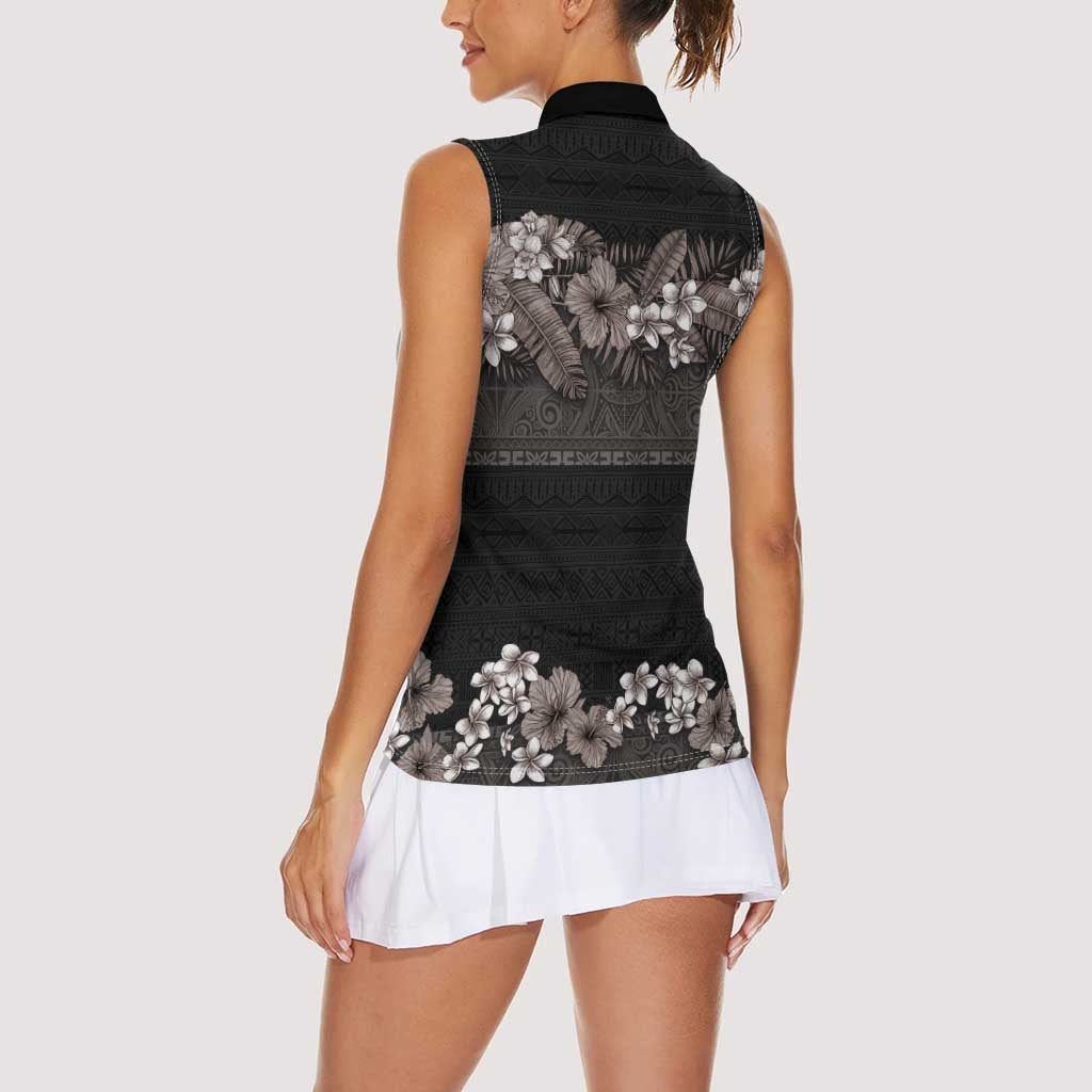 Hawaiian Tropical Flowers and Tribal Polynesian Tattoo Women Sleeveless Polo Shirt Grayscale Mode LT03 - Polynesian Pride