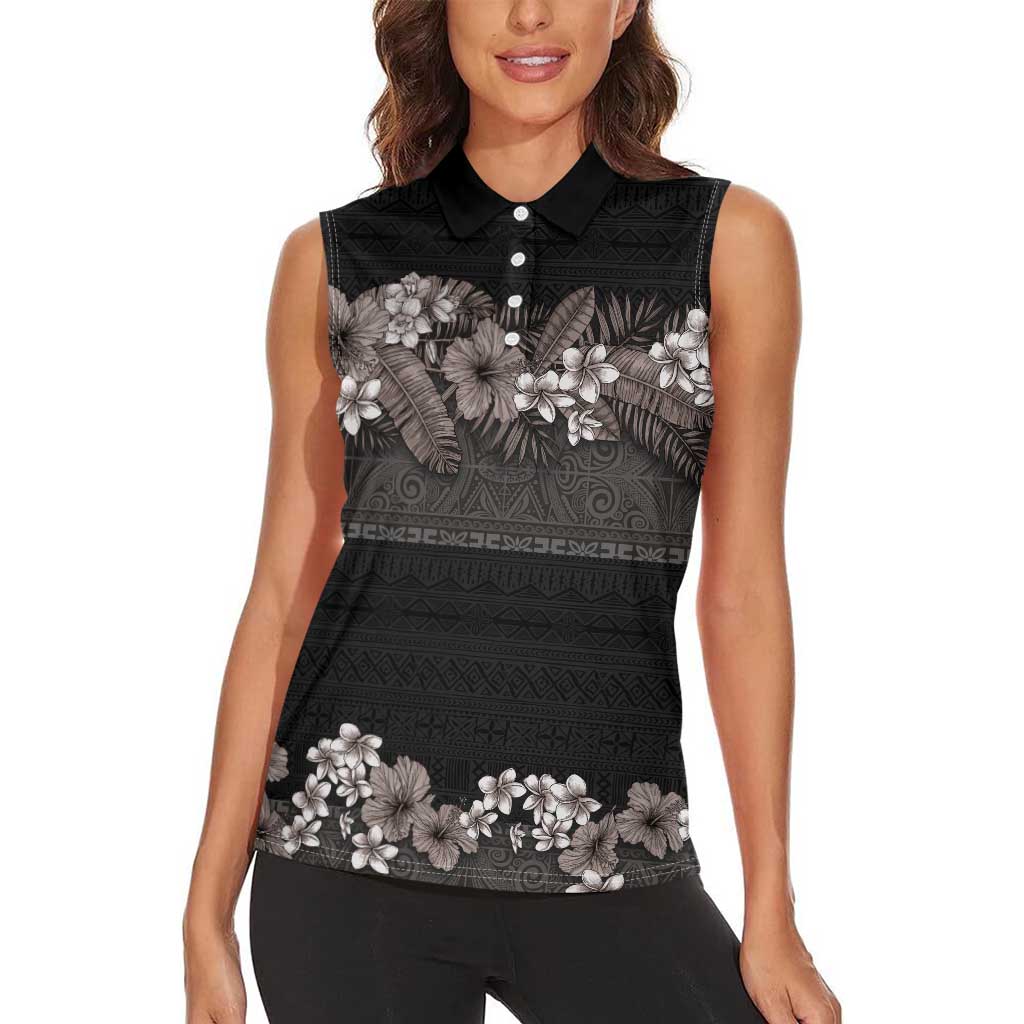 Hawaiian Tropical Flowers and Tribal Polynesian Tattoo Women Sleeveless Polo Shirt Grayscale Mode LT03 - Polynesian Pride